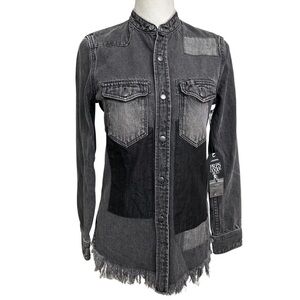 PRPS GOODS & CO Women’s Black Denim Distressed Hem Snap Button Shirt Size XSmall